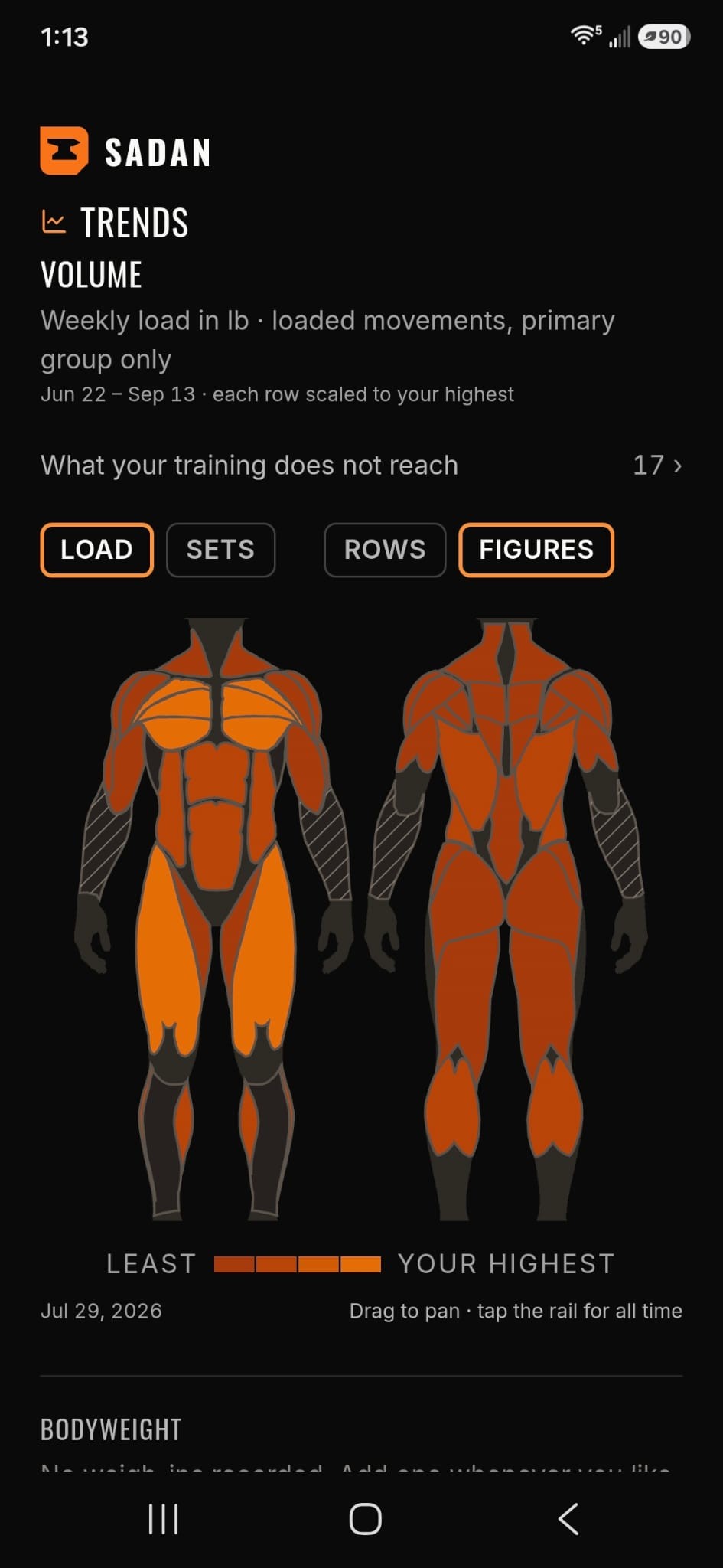Sadan figures view: front and back muscle maps shaded from least work to the highest, with a bodyweight row below.